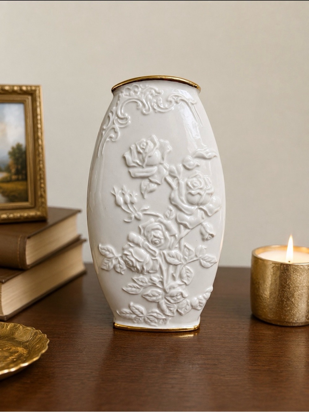 Vintage Lenox Ivory porcelain vase 3D floral 24k gold